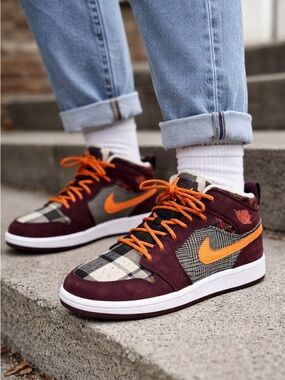 Nike Air Jordan 1 Mid GS Plaid Orange FD5461-608 Youth 3Y Burgundy Wool Sneaker